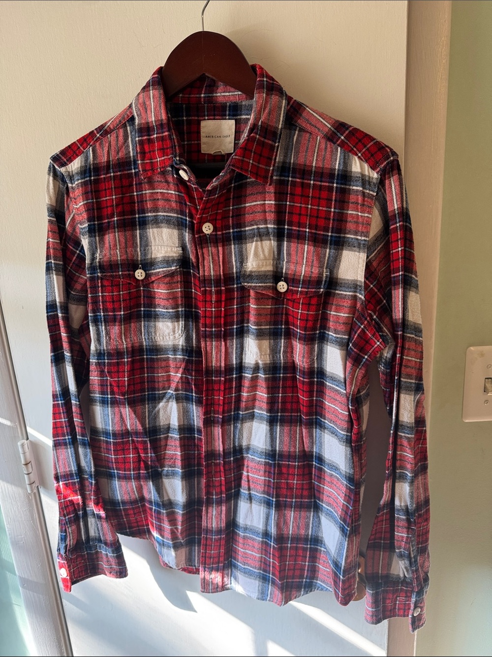 American Eagle Outfitters Red and Navy Plaid Button-Down Shirt